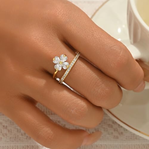 18K Gold Plated Cubic Zirconia Adjustable Open Rings for Women - color: Double Flower CZ
