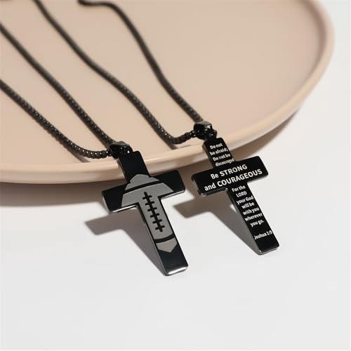 Football Cross Necklace, Black Cross Necklace for Dad Son Grandson - style: Joshua 1:9