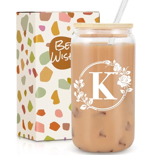 Birthday Gifts for Women, Monogrammed Initial Glass Cup Personalized Gifts for Women, 16oz Glass Cups with Lids and Straws, Iced Coffee Cup, Beer Can Shaped Glass - Gifts for Mothers Day, Christmas, K - style: K