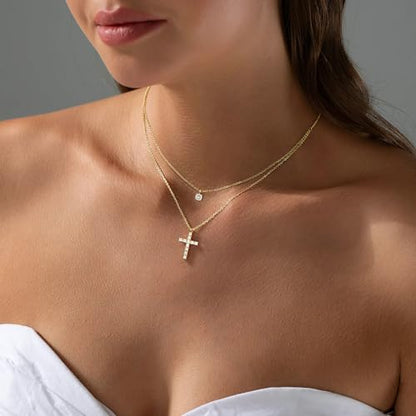 Cross Necklace For Women,14K Gold Plated Small Dainty Colorful Beaded Cubic Zirconia Diamond Double Layered Cross Pendant Choker Necklaces For Women,Christian Easter Religious Jewelry Gifts - style: Layered Diamond Cross-Gold