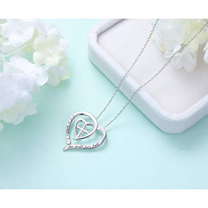 S925 Sterling Silver Christian Cross Heart Faith Bible Verse Necklace Rings - style: God is within her she will not fall.