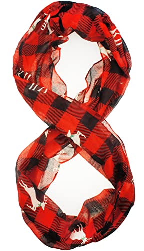 VIVIAN & VINCENT Gift Wrapped Fall Winter Soft Lightweight Holiday Sheer Infinity Christmas Scarf for Women Girls - color: Red Black Buffalo Plaid With Reindeer