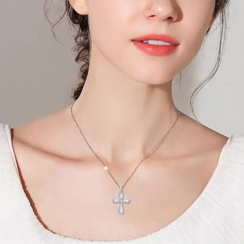 925 Sterling Silver Diamond Cross Necklace with Genuine Opal Pendant Elegant Religious Jewelry Gifts for Women - style: Opal Cross Necklace with Diamond