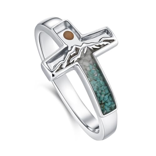 Mustard Seed Ring 925 Sterling Silver Turquoise/Opal/Malachite/Abalone Mountain Cross Ring Jewelry Gift for for Women Girlfriend - style: Turquoise