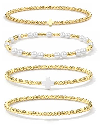 Gold Bracelets for Women Jewelry - Easter Basket Stuffers, Cross/Pearl/Beaded Bracelets Set, Dainty 14K Gold Plated Beaded Bracelets Stack, Birthday Easter Gifts for Women - color: 2Cross+1Bead+1Pearl