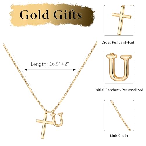 Cross Initial Necklace for Women, 14K Gold Plated Dainty Cross & Letter(A-Z) Pendant Necklace, Personalized Monogram Letter Christian Jewelry,Baptism First Communion Confirmation Easter Gift - color: U