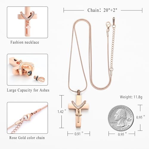 Cremation Jewelry for Ashes Pendant - Cross Urn Necklace with Mini Keepsake Urn Memorial Ash Jewelry - color: RoseGold