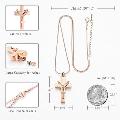 Cremation Jewelry for Ashes Pendant - Cross Urn Necklace with Mini Keepsake Urn Memorial Ash Jewelry - color: RoseGold