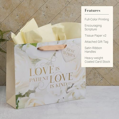 Christian Art Gifts Large Wedding Gift Bag with Tissue Paper - color: Love is Kind/White Rose, style: Large Landscape