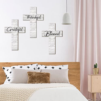 Yookeer 3 Pcs Thankful Grateful Blessed Cross Wood Wall Hanging Rustic