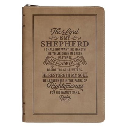 Christian Art Gifts Slim Notebook: The Lord is My Shepherd - Psalm 23:1-3, Gifts for Men, Christian Journal, Journals for Men, 192 Lined Pages, Bible Verse, Zipper Closure, Faux Leather, Tan