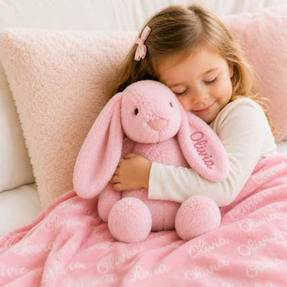 Personalized Embroidered Pink Stuffed Bunny, Custom Name Plush Rabbit Lovey for Baby Girl, Pink Bunny, Baptism Gift, Easter Basket Stuffers, Minky Name Blanket (Pink Bunny) - color: Pink Bunny