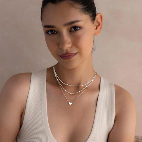 Poxtex Layered Gold Necklaces for Women, Stackable Dainty 14K Gold Silver Plated Trendy Simple Heart Diamond Cross Bow Circle Pendant Paperclip Choker Dot Chain Necklace,Jewelry Set Gifts for Women - color: Silver, style: Heart2