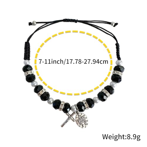 Bovemee 2Pcs Handmade String Miraculous Medal Pink Virgin Mary Bracelets, Crucifix Cross Red Rosary Bracelet Catholic Gift for Women Men - color: Black