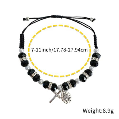 Bovemee 2Pcs Handmade String Miraculous Medal Pink Virgin Mary Bracelets, Crucifix Cross Red Rosary Bracelet Catholic Gift for Women Men - color: Black
