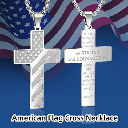 American Flag Cross Necklace for Men, Christian Confirmation Baptism Gifts - color: Silver, style: Joshua 1:9