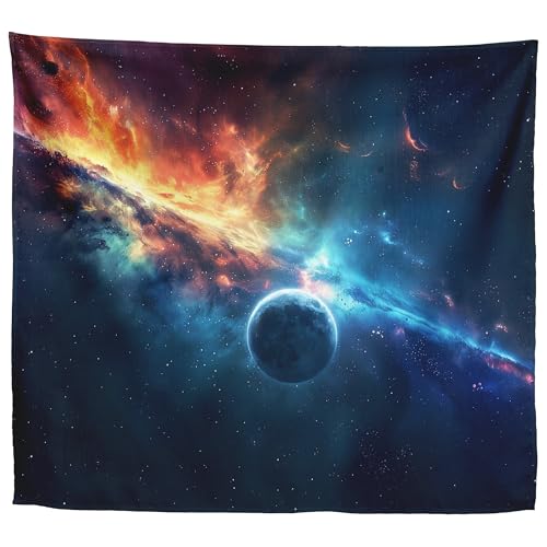 Galaxy Planet Tapestry, Colorful Nebula Space Wall Decor, 60 x 50 Inches - color: Deep Navy Blue