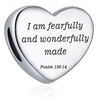 Heart Charm Fit Pandora Charms Bracelet Christian Bible Verse Charm Prayer Faith Religious Charms Gifts for Women - style: I am fearfully and wonderfully made Psalm 139:14