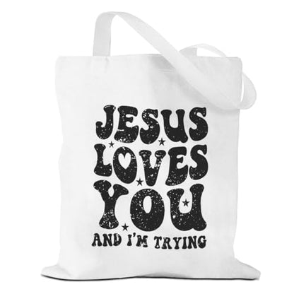VICBOU Bible Verse Canvas Tote Bag Religious Christian Gifts for Women Men Faith Canvas Tote Reusable Grocery Bag - color: Jesuslovesyou