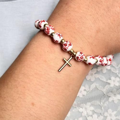 Cross Charm Bracelet for Women,Flower Floral Antique Vintage Bracelet Beaded and Cross Stretch Bracelet Aesthetic Religious Christian First Communion Baptism Confirmation Gifts Jewlery Gifts - color: Red