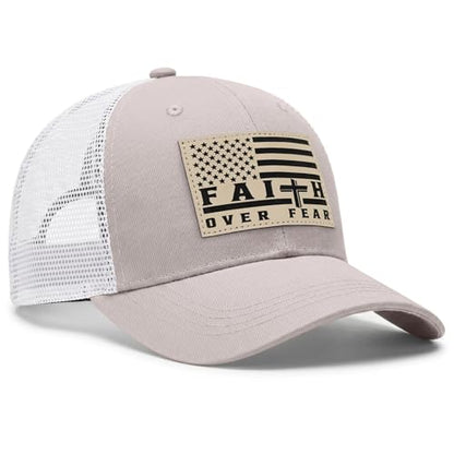 Faith Over Fear Christian Hats for Men Women, American Flag Trucker Hat, Religious Gifts for Thanksgiving Christmas - color: Beige