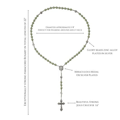 Nazareth Store Pearl Beads Rosary Miraculous Prayer Necklace Strong Metal Mystery Beaded Rosary for Men & Women - color: Green