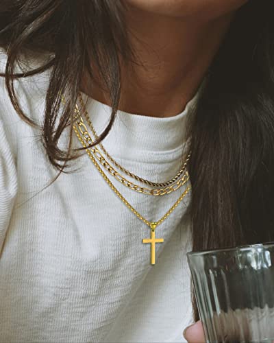 3Pcs Set Cross Necklace for Men, Mens Cross Necklace Cross Chain Layered Stainless Steel Rope Figaro Chains for Women Boys Gold Silver Black (20inch/22inch) - color: Gold