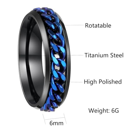 Mens Fidget Rings Anxiety Ring for Men 6mm 8mm Chain Spinner Ring Size 5-14 - color: Titanium Black Blue