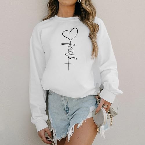 KIEKIECOO Faith Christian Sweatshirts for Women Religious Crewneck Sweatshirt Letter Print Fall Pullover Long Sleeve Tops - color: White, size: Medium