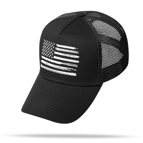 Baseball Cap, American Flag Trucker Hat for Men Women, Breathable Adjustable Fit Outdoor Mesh Snapback Hats - color: Black/White Flag