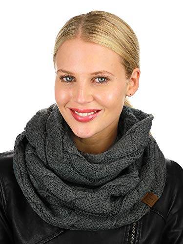 C.C Women's Winter Cable Knit Sherpa Lined Warm Infinity Pullover Scarf - color: Dark Melange Grey