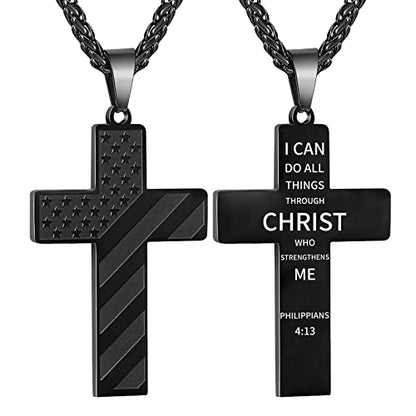 DuoDiner 18+2" Cross Necklace for Men Boys Christian Confirmation Gifts - color: Black, style: Philippians 4:13