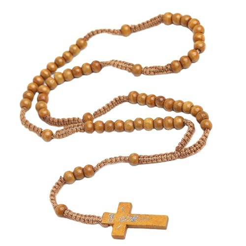 Natural Wood Beaded Cross Rosary Necklace Boho Handmade 8MM Wooden Beads with Jesus Cross Lightweight Rope Necklace for Men Women Religious Christian Prayer Fashion Jewelry Gifts - color: Light brown color