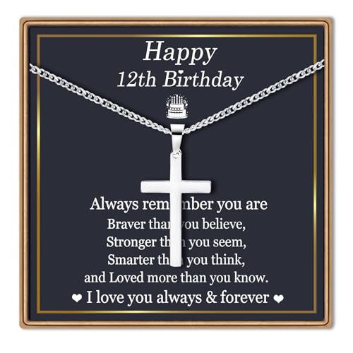 EPIRORA 10/11/12/13/14/15/16/17/18/19/20th 21st Birthday Gifts for Men Boys, Stainless Steel Chain Silver Cross Necklace Jewelry Presents for Son Grandson Nephew Brother - style: 12th Bday