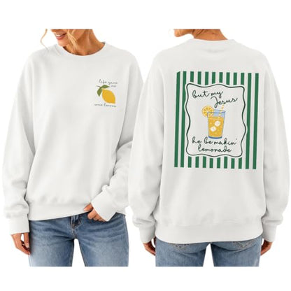 BINTEHGS Christian Sweatshirts For Women My Jesus Making Lemonade Graphic Faith Crewneck Pullover Religious Long Sleeve Shirt - color: White, size: Small