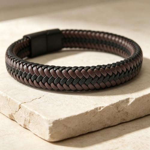 Kim Carrey Italian Handmade Leather Bracelets for Men - color: Brown Braided, size: 8.6"