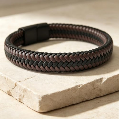 Kim Carrey Italian Handmade Leather Bracelets for Men - color: Brown Braided, size: 8.2"