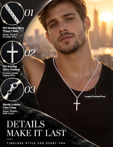 MILACOLATO Solid 925 Sterling Silver Cross Necklace for Men Women 16-24 in - color: Sterling Silver Wheat Chain, size: 18 in=46 cm