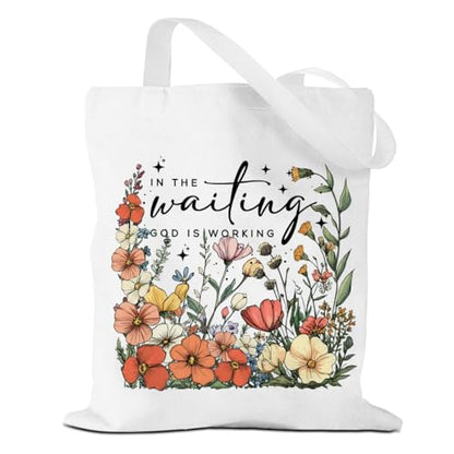 VICBOU Bible Verse Canvas Tote Bag Religious Christian Gifts for Women Men Faith Canvas Tote Reusable Grocery Bag - color: Waitinggod