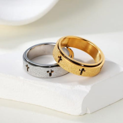 Christian Spinner Fidget Cross Prayer Band Ring - color: Hollow Cross Silver