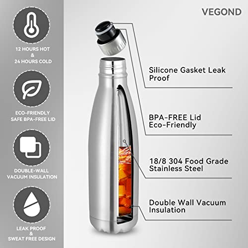 VEGOND 17oz Stainless Steel Water Bottles, Reusable Metal Sports Water Bottle Keeps Drink Hot and Cold, BPA Free Double Wall Vacuum Cola Shape Insulated Water Bottle for Camping Gym, 1 Pack - color: Stainless Steel, size: 17 Ounces