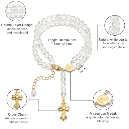 Christian Prayer Beads Bracelet with Cross, Natural Stone Rosary - color: Clear Quartz