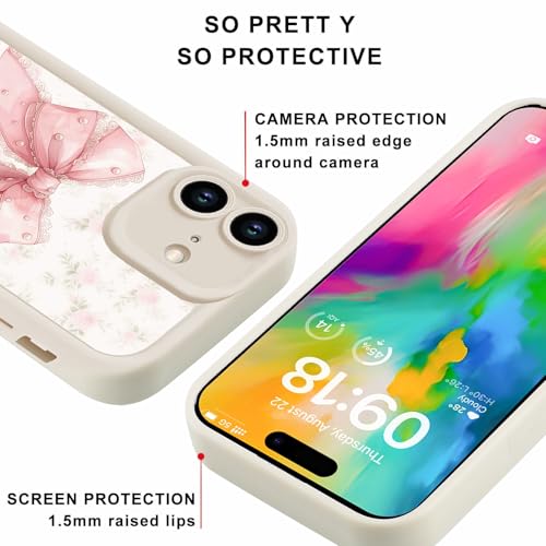Pink Bow Phone Case for iPhone 16 6,1", Aesthetic Cute Floral Ribbon Bowknot Girly Design Shockproof Soft Silicone Drop Protection for Women Girls Cover, White - color: white, size: for iPhone 16