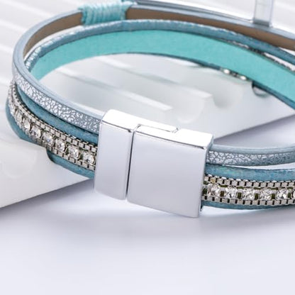 Christian Cross Leather Bracelets Boho Western Blessing Religious Jewelry - color: Teal