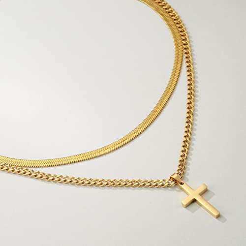 Zocomi Cross Necklace for Men Boys, Stainless Steel Layered Cuban Link Herringbone Chain Cross Pendant Christian Fashion Jewelry Gifts 16-24 Inches - color: Gold, size: 16inch/18inch, style: Herringbone+Cuban