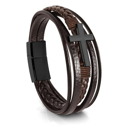 Leather Bracelet for Men Braided Stainless Steel Mens Bracelets - color: Brown-BlackCross