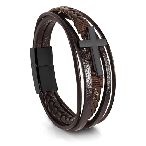 Leather Bracelet for Men Braided Stainless Steel Mens Bracelets - color: Brown-BlackCross