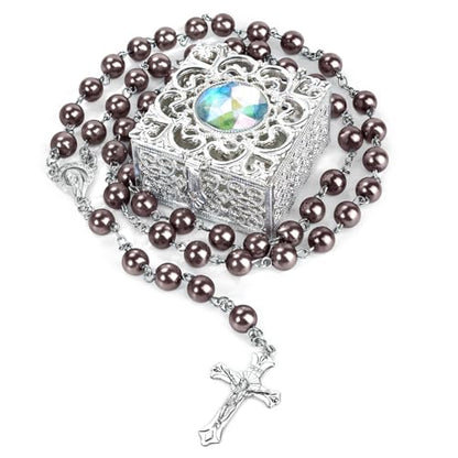Coffee Pearl-Style Rosary Necklace with Metal Gift Box, 8mm, 22 Inch - color: Coffee color