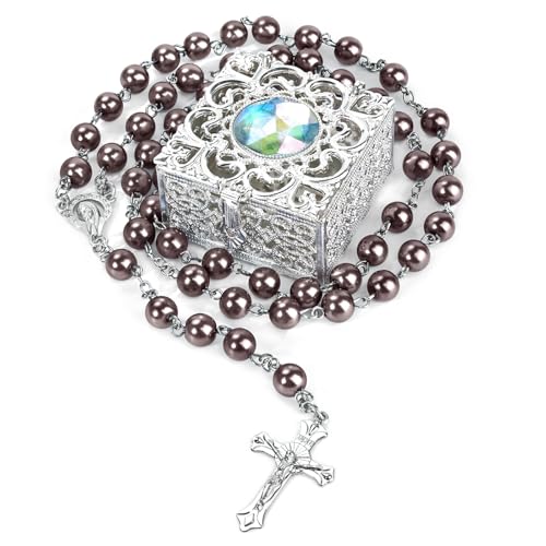 Coffee Pearl-Style Rosary Necklace with Metal Gift Box, 8mm, 22 Inch - color: Coffee color