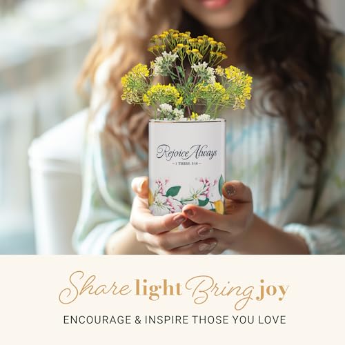 Christian Art Gifts Small White Ceramic Table Vase for Flowers & Plants: Rejoice Always Inspirational Scripture Home Décor, Kitchen, Bathroom, Living Room, Yellow Lemon, Green Leaves & Gold, 5" x 3.2"